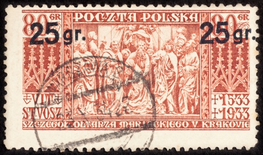 Polish postage stamp isolated on black
