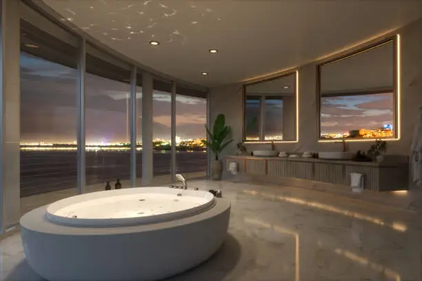 Interior of a contemporary luxury white bathroom with washstand and bathtube.