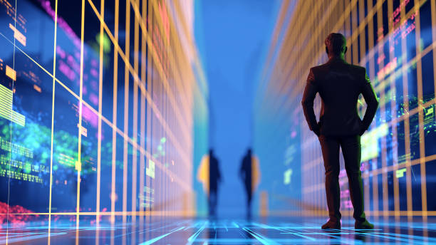 istock Big data. Man standing against virtual cyber city 1499586100