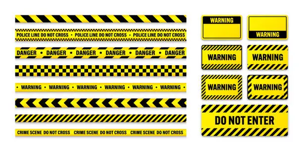 Vector illustration of Various barricade construction tapes and warning shields. Yellow police warning line, brightly colored danger or hazard stripe, ribbon. Restricted area, zone. Attention symbol. Vector illustration
