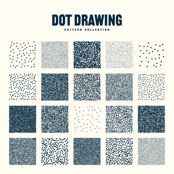 Vector illustration of Square shaped dotted objects, vintage stipple elements. Stippling, dotwork drawing, shading using dots. Halftone effect. White noise grainy texture, pattern. Vector illustration