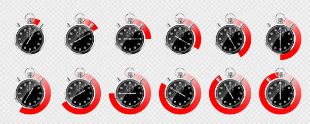 istock Realistic classic stopwatch. Shiny metal chronometer, black time counter with dial. Red countdown timer showing minutes and seconds. Time measurement for sport, start and finish. Vector illustration 1499593435