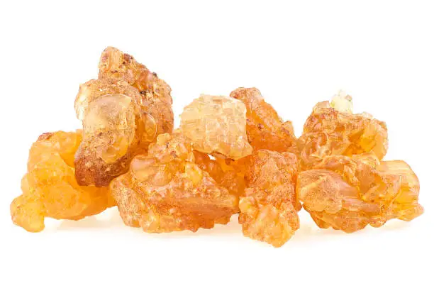 Pile of natural frankincense Olibanum isolated on a white background. Incense.