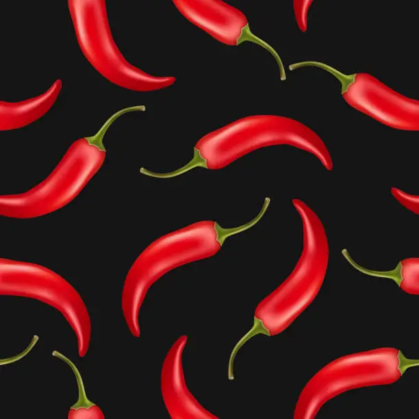 Vector illustration of Vector Seamless Pattern with 3d Realistic Red Hot Chilli Pepper on White Background. Fresh Chilli Hot Pepper Design Template for Culinary Concept. Vector Illustration
