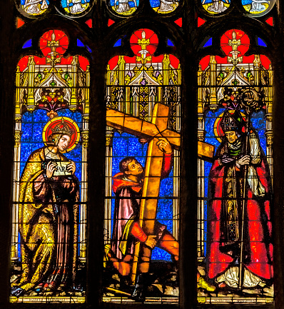 Saint Helena Simon of Cyrene Carrying Cross Bishop Queen Stained Glass St John the Baptist Cathedral Basilica Lyon France. Cathedral begun in 1180 and finished in 1480.