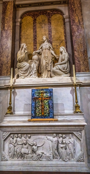 Jesus Mary Martha Statues Side Chapel Saint Martha Hospital Hotel -Dieu Chapel Basilica Lyon France. Chapel was built for hospital by same name 1655. Joseph Fabisch Sculptor 1850. Martha sister to Lazarus and witnessed Jesus rising him from dead.