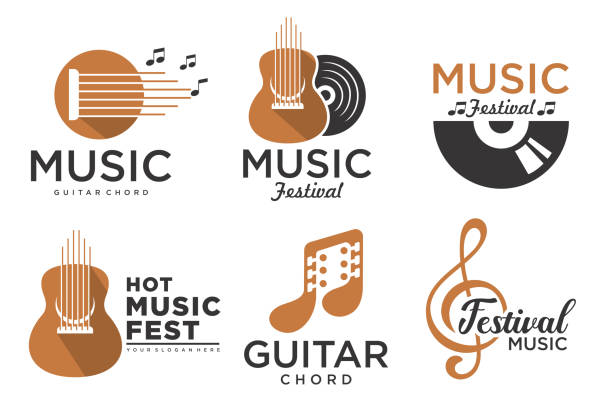 modernes musiklogo - gitarre notenschlüssel symbol.icon set vektorillustration - saite stock-grafiken, -clipart, -cartoons und -symbole