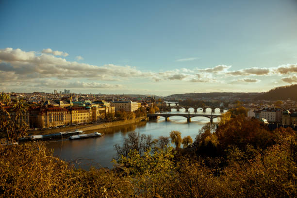 istock landscape with Vltava river, Karlov most and boat 1499611637