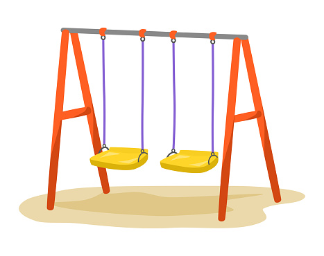 Cartoon vector swing set playground equipment. Colourful, yellow, purple and red, fun illustration.