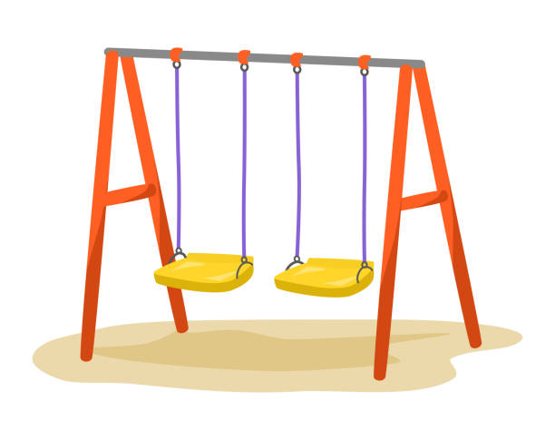 Cartoon vector swing set playground equipment. Cartoon vector swing set playground equipment. Colourful, yellow, purple and red, fun illustration. swinging stock illustrations