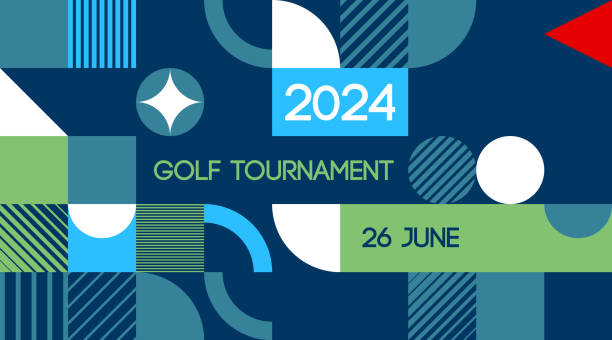 Blue retro Golf poster Simple blue, green and red retro shapes poster for a golf tournament draft sports event stock illustrations