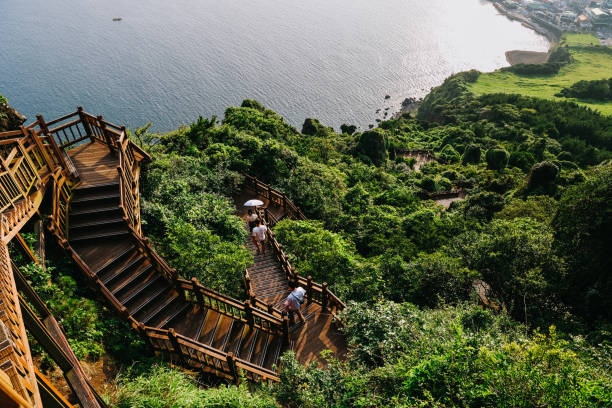 Stairs to climb Seongsan mountain in Jeju Island, South Korea. Stairs to climb Seongsan mountain in Jeju Island, South Korea. jeju city stock pictures, royalty-free photos & images