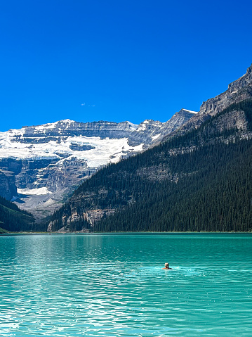 Swimmer in glacier waters of Lake Louise