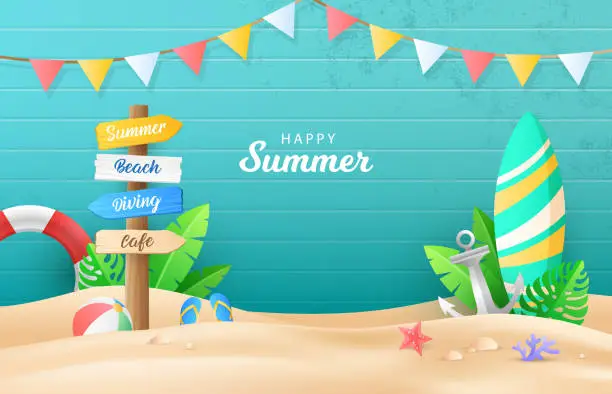 Vector illustration of Flat Gradient Summer Background Template with wooden turquoise background.