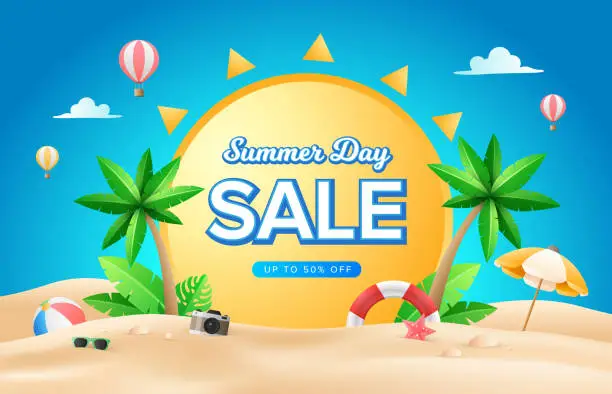 Vector illustration of Flat gradient summer sale template with round yellow sun.