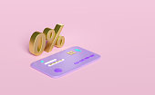 3d gold 0%, zero percent isolated on pink background. discounted products via credit card concept, 3d render illustration, clipping path