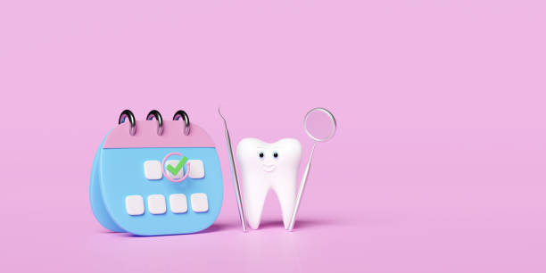 ピンクの背景に歯科用臼歯モデル、マークされた日付、歯科医の鏡、鎌状スケーラーを含む3dカレンダー。白い歯の健康、歯科医の歯科検査、3dレンダリングイラスト、クリッピングパス - today appointment personal organizer medicine ストックフォトと画像