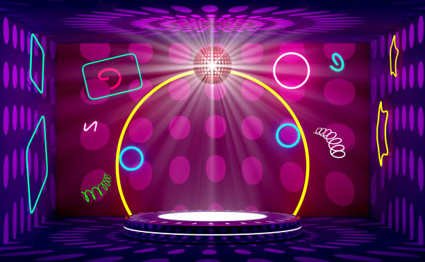 istock 3d cylinder stage podium empty in room with neon, ball disco lights, abstract geometric cosmetic showcase pedestal purple, violet background. mockup modern scene, 3d render illustration 1499622953