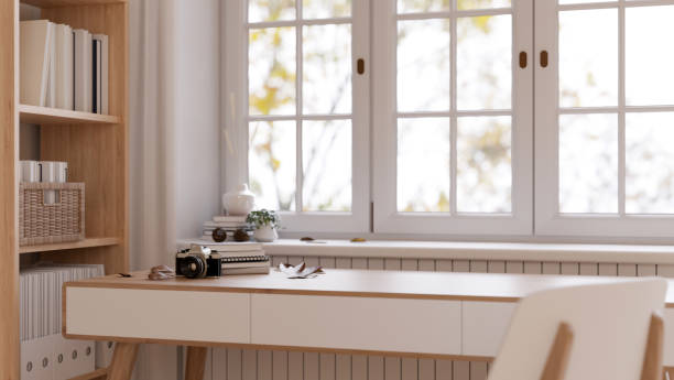 istock Minimal Scandinavian home workspace with copy space on a wooden table 1499623609