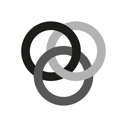 Icon of interlocking circles. Filter, borromean rings, trinity. Unity concept. connection symbols. 3 interlocking rings. Vector illustration. stock image. EPS 10.