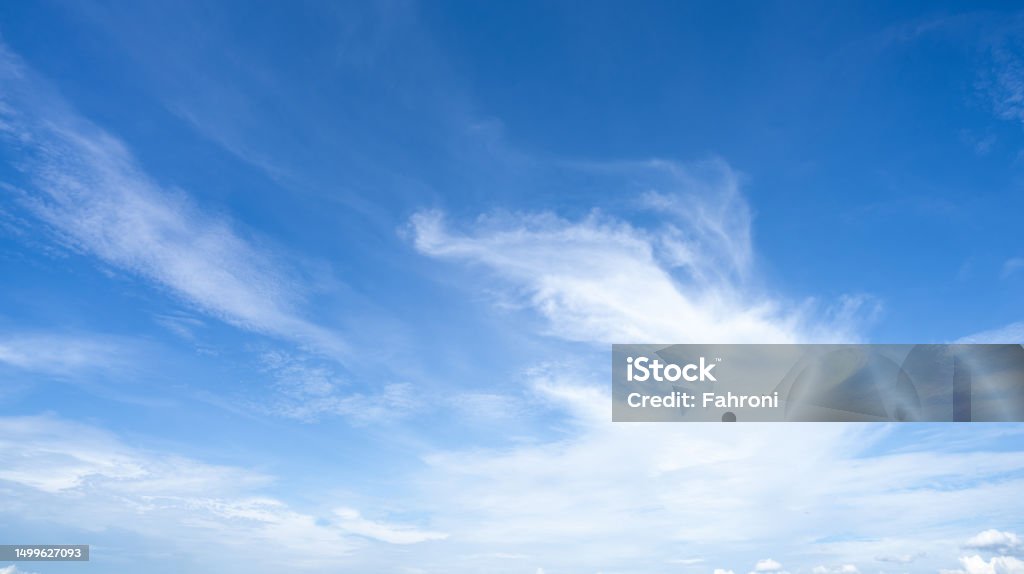 Blue sky and white cirrocumulus clouds texture background. Blue sky on sunny day. Summer sky. Cloud formation. Fluffy clouds. Nice weather in summer season. Weather pattern. Atmospheric phenomenon. Abstract Stock Photo