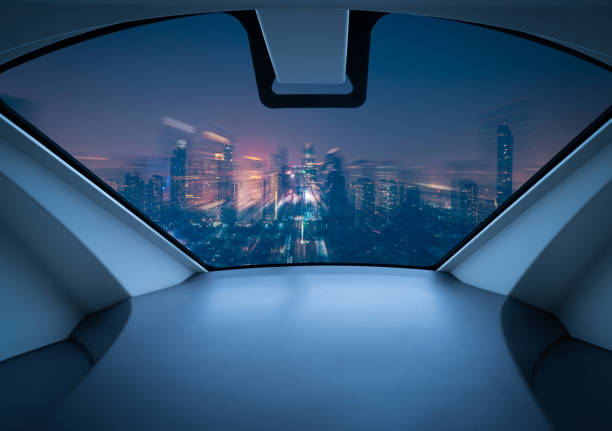 Air taxi window view of city at night. Air vehicle. Personal air transport. Autonomous aerial taxi. Flying car. Urban aviation. Futuristic technology. Passenger drone. Electric VTOL passenger aircraft stock photo