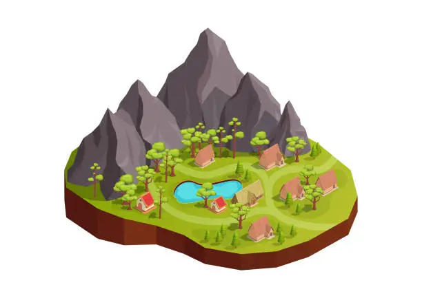 Vector illustration of isometric beautiful mountain with village