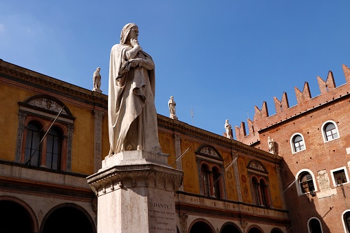 A statue to Dante in Piazza dei Signori, Verona, Italy, erected in 1865