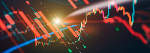 istock graph and indicator, red and green candlestick chart on blue theme screen, market volatility, up and down trend. Stock trading, crypto currency background. 1499635493