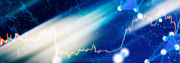 istock graph and indicator, red and green candlestick chart on blue theme screen, market volatility, up and down trend. Stock trading, crypto currency background. 1499635615