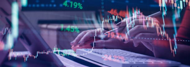 istock graph and indicator, red and green candlestick chart on blue theme screen, market volatility, up and down trend. Stock trading, crypto currency background. 1499635678