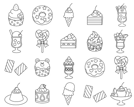 A vector illustration set of cute and sweet treats such as cupcakes, donuts, pudding a la mode, parfaits, marshmallows, cream sodas, and shortcakes