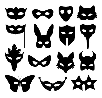 Vector illustration of fifteen black mask silhouettes.