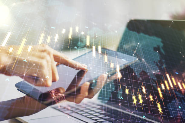 istock Double exposure of abstract creative financial chart with world map and with finger clicks on a digital tablet on background, research and strategy concept 1499638987