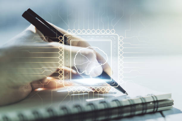 istock Creative artificial Intelligence concept with human brain hologram and woman hand writing in notebook on background. Multiexposure 1499639312