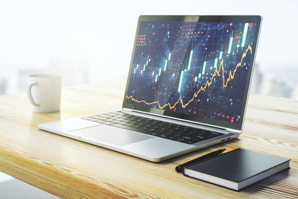 Modern computer monitor with abstract creative financial chart, research and strategy concept. 3D Rendering stock photo