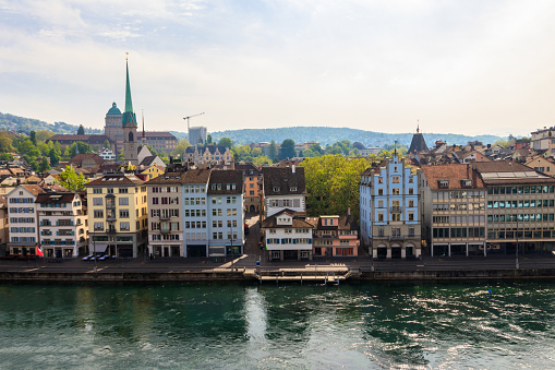 View of old town of Zurich and the Limmat river from Lindenhof hill, Switzerland