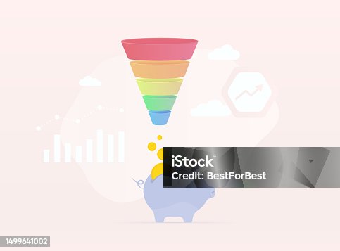 istock Sales Funnel Generation Concept with Financial Charts and Graphs. Profit and Income Generation with Money Flowing into a Piggy Bank. Vector Illustration of Successful Revenue Generation 1499641002