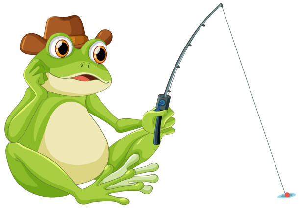 istock Green frog fishing cartoon 1499641191