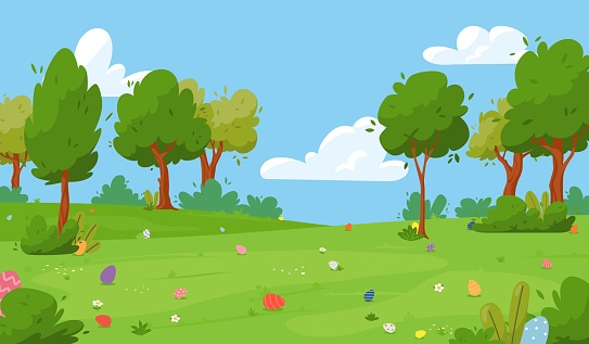 Meadow with hidden eggs for Easter egg hunt, cartoon flat vector illustration. Park with scattered painted eggs. Spring holiday tradition game for children.