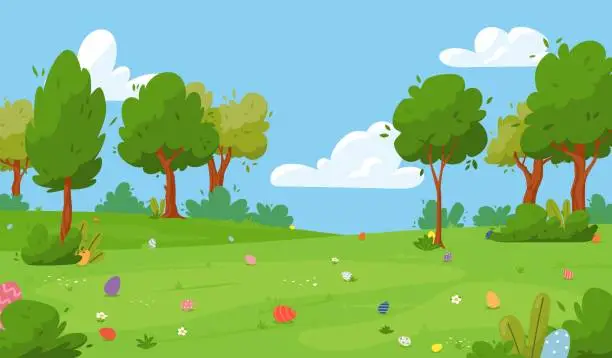 Vector illustration of Meadow with hidden eggs for Easter egg hunt, cartoon flat vector illustration.