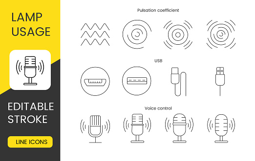 Set of line icons in vector for lamp packaging, illustration of technical specifications, lamp usage, usb and pulsation coefficient, voice control. Editable stroke