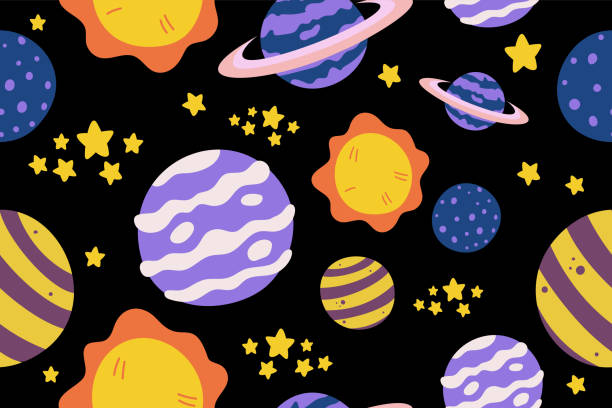 ilustraciones, imágenes clip art, dibujos animados e iconos de stock de fondo de patrón sin costuras del espacio exterior kawaii. lindo cosmic perfect kids apparel doodle cartoon for galaxy exploration universe trendy wrapping textile collage graphic print vector illustration - andromeda galaxy constellation earth planet