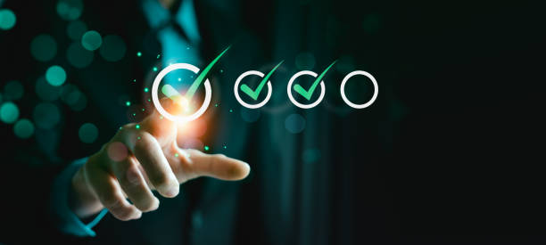 istock Business performance checklist, businessman using laptop doing online checklist survey, Check marks on checklist and Filling online form or answering questions. evaluation, online survey, online exam. 1499643865