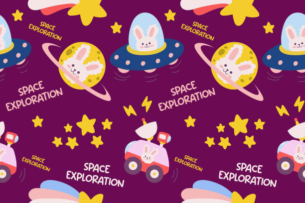 ilustraciones, imágenes clip art, dibujos animados e iconos de stock de fondo de patrón sin costuras del espacio exterior kawaii. lindo cosmic perfect kids apparel doodle cartoon for galaxy exploration universe trendy wrapping textile collage graphic print vector illustration - andromeda galaxy constellation earth planet