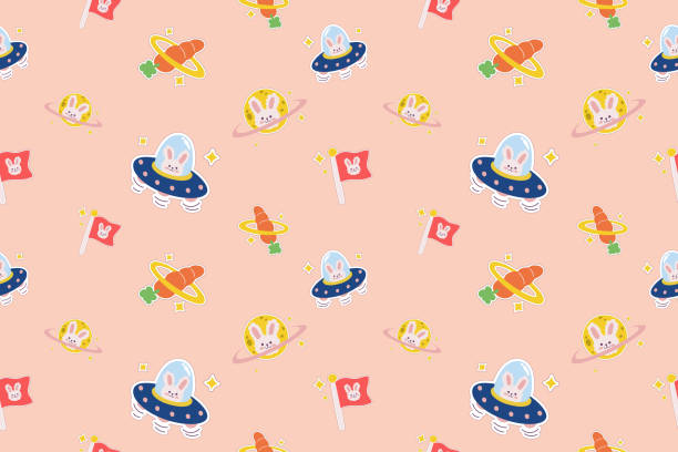 ilustraciones, imágenes clip art, dibujos animados e iconos de stock de fondo de patrón sin costuras del espacio exterior kawaii. lindo cosmic perfect kids apparel doodle cartoon for galaxy exploration universe trendy wrapping textile collage graphic print vector illustration - andromeda galaxy constellation earth planet