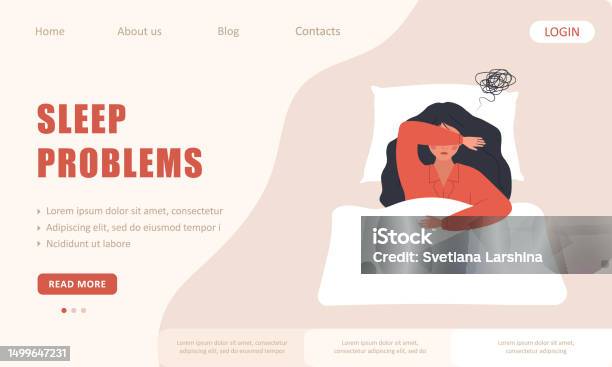 Sleep Problem Graphics Sleep Problems Landing Page Template Tired Woman Lying In Bed And ...