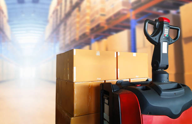 istock Package Boxes with Forklift Pallet Truck in Storage Warehouse. Forklift Loader. stockpile, Supply Chain Supplies, Shipment Goods. Distribution Shipping Warehouse Logistic. 1499647492