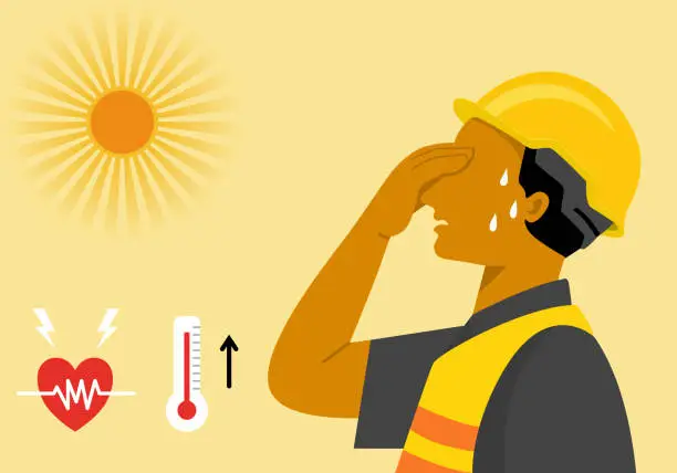 Vector illustration of A worker man has heat stroke with heart rate and high temperature symbol, flat vector illustration.