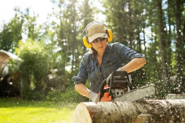 A young woman using a chainsaw to cut a log